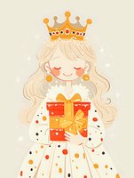 Sweet princess with long blonde hair wearing crown holds red gift box with golden bow. Polka dot dress and gentle smile create magical birthday celebration mood.