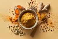 Aromatic turmeric powder in stone bowl surrounded by fresh ginger root, sliced carrots, cardamom pods, and assorted spices on yellow background.