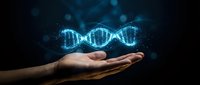 Glowing DNA double helix floating above open human hands against dark background with blue bokeh lights for genetic research and biotechnology concepts.