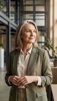 Mature woman with shoulder-length gray hair wearing olive blazer and cream blouse stands in modern office lobby with glass windows, professional business portrait for corporate communications.