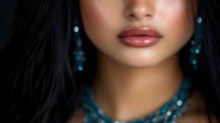 Close up portrait of young Asian woman with glossy lips, turquoise jewelry and dark hair against black background. Glamour beauty fashion concept.