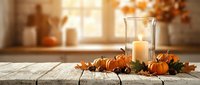 Autumn table centerpiece with candle in glass hurricane lantern surrounded by small orange pumpkins and fall leaves on rustic wooden surface.