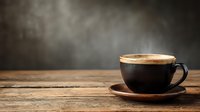 Freshly brewed coffee with creamy foam in black ceramic cup on rustic wooden table against dark moody background.