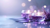 Glowing round glass candle holders with purple bokeh lights creating magical atmosphere on blue background with decorative elements and reflections.
