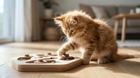 Adorable orange tabby kitten playing with wooden puzzle toy on floor in bright modern home interior. Pet enrichment and mental stimulation concept.