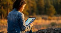 Young woman with curly hair using tablet computer outdoors in golden autumn light, sitting on rock in natural park setting for digital lifestyle content.