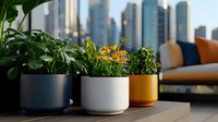 Modern urban balcony garden with decorative potted plants and yellow flowers against city skyline backdrop, featuring contemporary planters in navy, white, and gold colors.