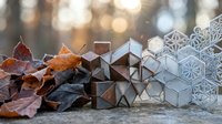 Autumn leaves transition into geometric paper origami cubes creating artistic contrast between natural organic forms and structured mathematical shapes in warm light.