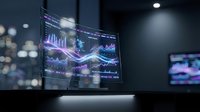 Modern curved monitor displaying financial data charts and graphs in dark trading office environment for business analytics and market research.
