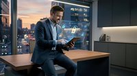 Caucasian male professional in business suit using tablet with digital security interface and holographic data visualization in modern office at sunset with city skyline view.