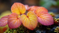 Vibrant orange and pink leaves covered in morning dew drops create magical autumn atmosphere. Close up macro photography shows delicate water droplets on colorful foliage.
