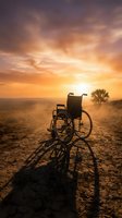 Wheelchair silhouetted against golden sunset on desert landscape with dramatic sky, symbolizing hope, perseverance and accessibility in challenging environments.