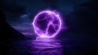 Glowing purple electric sphere with lightning bolts floating above ocean water at night with dramatic cloudy sky and mountain silhouettes in background.