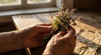 Elderly hands gently holding fresh thyme herbs in warm sunlight by window. Natural organic cooking ingredients and gardening concept for healthy lifestyle.