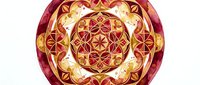 Symmetrical mandala design with golden geometric patterns and crimson red petals arranged in circular formation on white background, isolated for design projects.