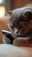 Gray British shorthair cat looking at smartphone screen with serious expression, warm ambient lighting creates cozy atmosphere for social media and pet humor content.