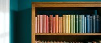 Colorful rainbow book collection arranged on wooden shelf creating gradient spectrum from warm to cool tones for library interior design and education concepts.