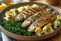 Grilled whole fish with herbs served on rustic wooden plate alongside roasted cauliflower and fresh kale for healthy Mediterranean dinner meal preparation.