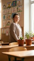 Smiling Caucasian female teacher standing in elementary school classroom with children drawings on wall and potted plants on windowsill.