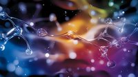 Colorful abstract molecular structure with glowing particles and connections on blurred rainbow background, suitable for science and technology concepts.