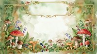Watercolor forest frame with red mushrooms, ferns, berries, and wildflowers on a soft green background, with copy space for text.