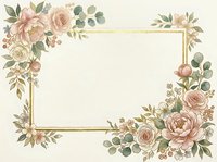 Vintage floral frame with roses, peonies and eucalyptus leaves on cream background. Gold border design for wedding invitations, greeting cards and stationery projects.