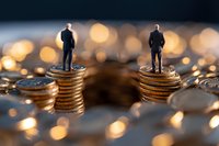 Miniature businessmen standing on coin stacks with golden bokeh background, representing financial competition and wealth management in corporate world.