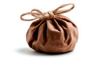 Brown fabric bundle tied with string on white background, minimalist composition showing texture and folds of natural textile material, isolated for design use.