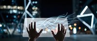 Hands touching glowing digital interface with electric energy waves against blurred cityscape at night, representing technology innovation and futuristic interaction for digital transformation concepts.