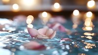 Pink rose petals floating on rippling water surface with golden bokeh lights creating romantic, dreamy atmosphere. Macro photography captures delicate reflection.