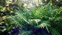 Young fern plants with vibrant green fronds growing in shaded forest garden setting, suitable for botanical and nature design projects.