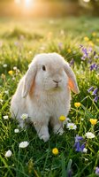 White lop-eared rabbit sitting in spring meadow with wildflowers, daisies and dandelions. Warm sunlight and green grass background for Easter, nature and pet concepts.