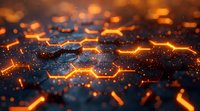 Glowing hexagonal grid with orange light patterns on dark blue background, creating futuristic technology concept for digital networks.