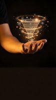 Hand holding glowing digital funnel with icons representing sales conversion process and marketing automation technology on dark background.