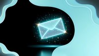 Glowing email envelope icon with sparkling effects on abstract fluid background for digital communication and marketing campaigns.