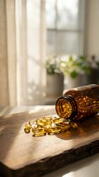 Golden vitamin capsules spilling from amber glass bottle on wooden surface with natural sunlight streaming through window for wellness and health.