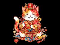 Maneki-neko lucky cat with raised paw, wearing traditional red and gold robes, holding coins and surrounded by festive ornaments. Isolated on transparent background, ready for t-shirts, stickers, clipart, and print-on-demand designs.