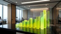 Modern office with glowing green bar chart showing business growth and success in corporate meeting room with professional team working in background.