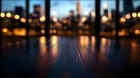 Empty wooden table with blurred city skyline and bokeh lights in background during evening, reflective surface creates atmospheric dining or business setting.