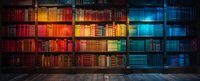Colorful illuminated bookshelf with vintage books arranged in rainbow spectrum order from red to blue, creating dramatic library atmosphere perfect for education and knowledge concepts.