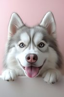 Playful Siberian Husky dog with bright blue eyes and pink tongue peeking over white surface against soft pink background, showing happy expression and paws.