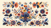 Traditional folk art floral pattern with symmetrical arrangement of blue and orange blooms, perfect for textile design, home decor and surface pattern projects.