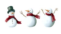 Cheerful snowmen wearing red scarves and carrot noses in different poses, hand drawn watercolor style on white background, winter holiday decoration elements.