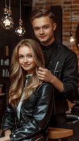 Young Caucasian hairstylist working with long blonde wavy hair of female client in modern salon with exposed brick walls and decorative lighting fixtures.