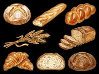 Assorted artisan bread clipart set isolated on transparent background, featuring loaf, baguette, croissant, braided bread, wheat, and sourdough for print on demand.