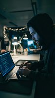 Focused programmer in hoodie coding on laptop in modern office with ambient lighting and bokeh background for tech and software development projects.