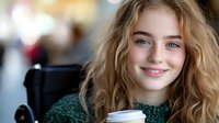 Young woman with curly blonde hair smiling warmly while holding coffee cup, wearing green knit sweater against blurred background. Natural daylight portrait captures genuine happiness.
