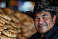 Mature Hispanic man in black cowboy hat smiling warmly at camera, with fresh baked pastries and bread rolls in soft focus background, capturing authentic market atmosphere.