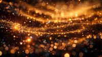 Abstract golden bokeh lights on dark background with glowing particles and shimmering sparkles creating magical atmosphere. Suitable for festive designs.