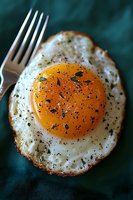 Close-up of sunny side up fried egg seasoned with black pepper and herbs on dark background, bright orange yolk and crispy white edges with fork detail.